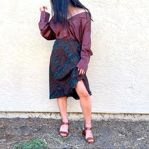 Jones New York patterned silk midi skirt | 8 | brown teal